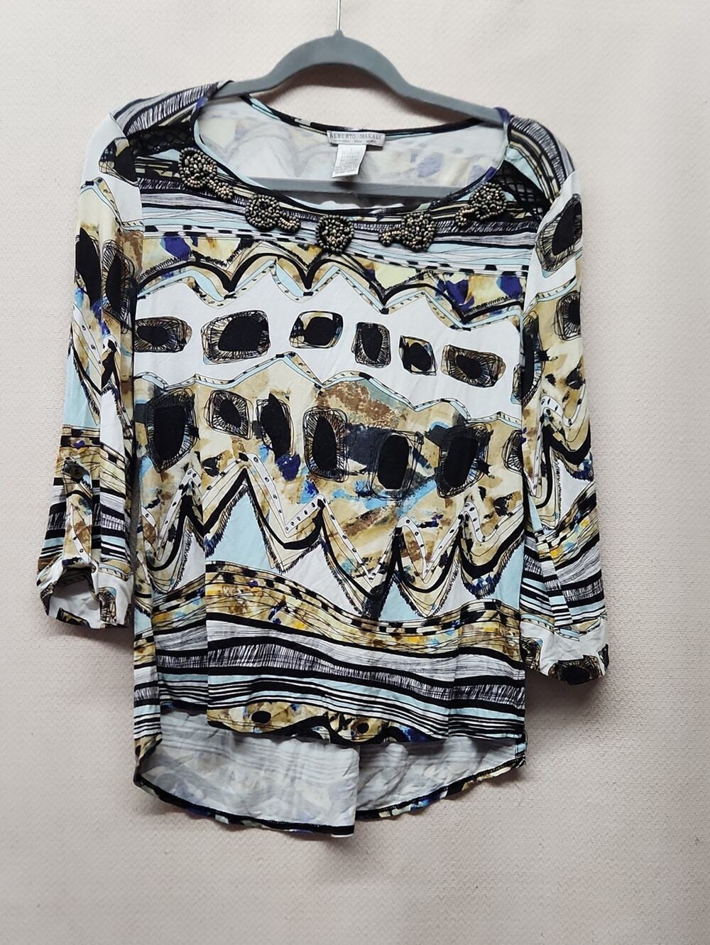 Alberto Makali Beaded-Neck Abstract Print Tunic - White, Black, Blue, Gold